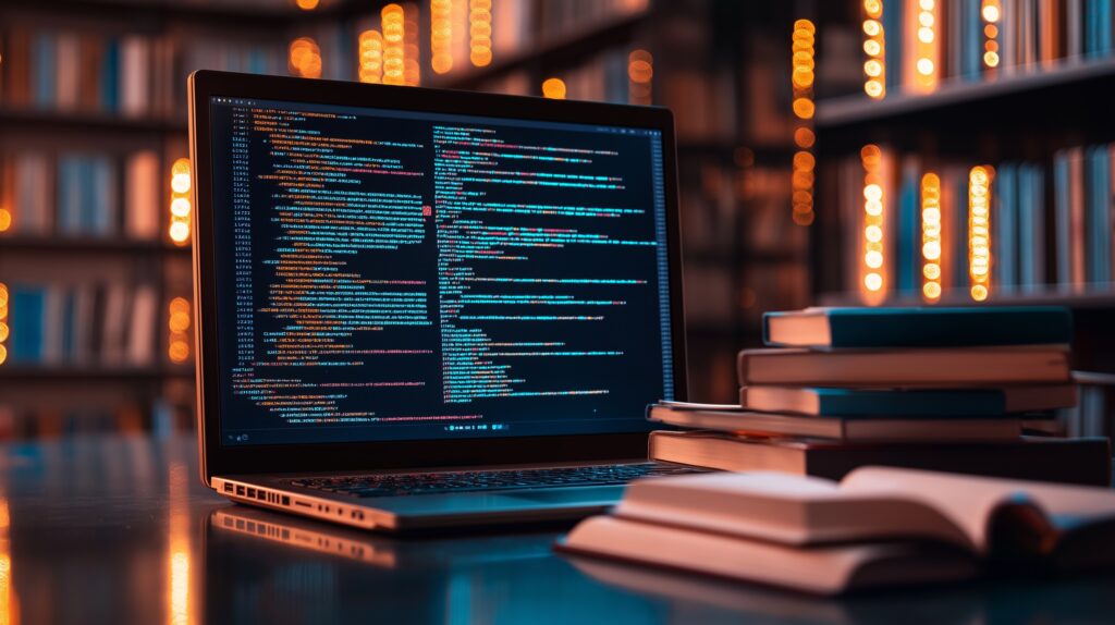 Laptop displaying code, books nearby.