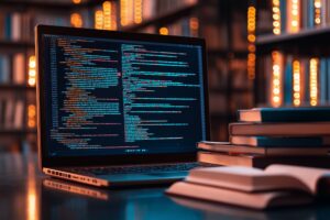 Laptop displaying code, books nearby.