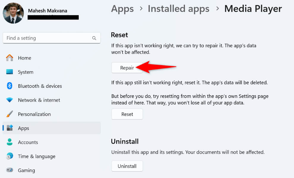 "Repair" highlighted for an app in Windows 11 Settings.