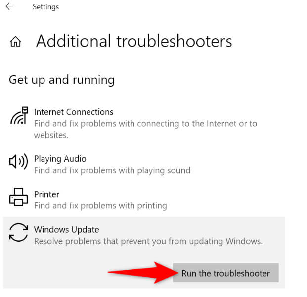 "Run the troubleshooter" highlighted for "Windows Update" in Windows 10 Settings.
