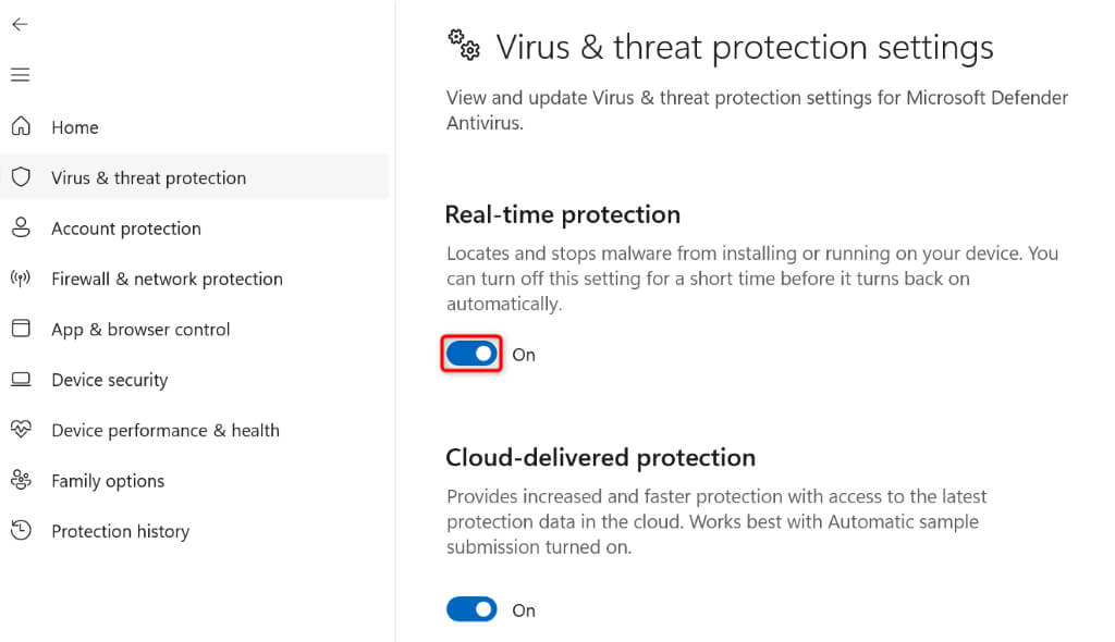 "Real-time protection" highlighted in Windows Security.