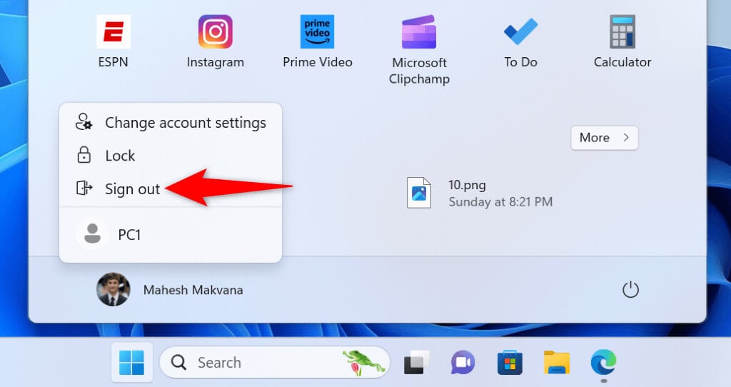 "Sign out" highlighted in the user menu under the Start menu.
