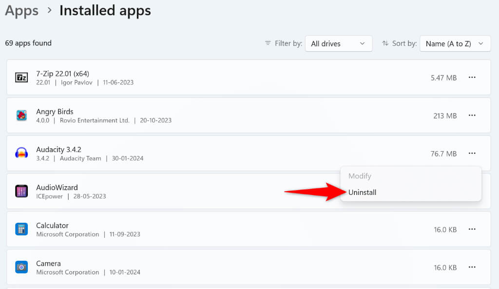 "Uninstall" highlighted for an app in Windows 11 Settings.