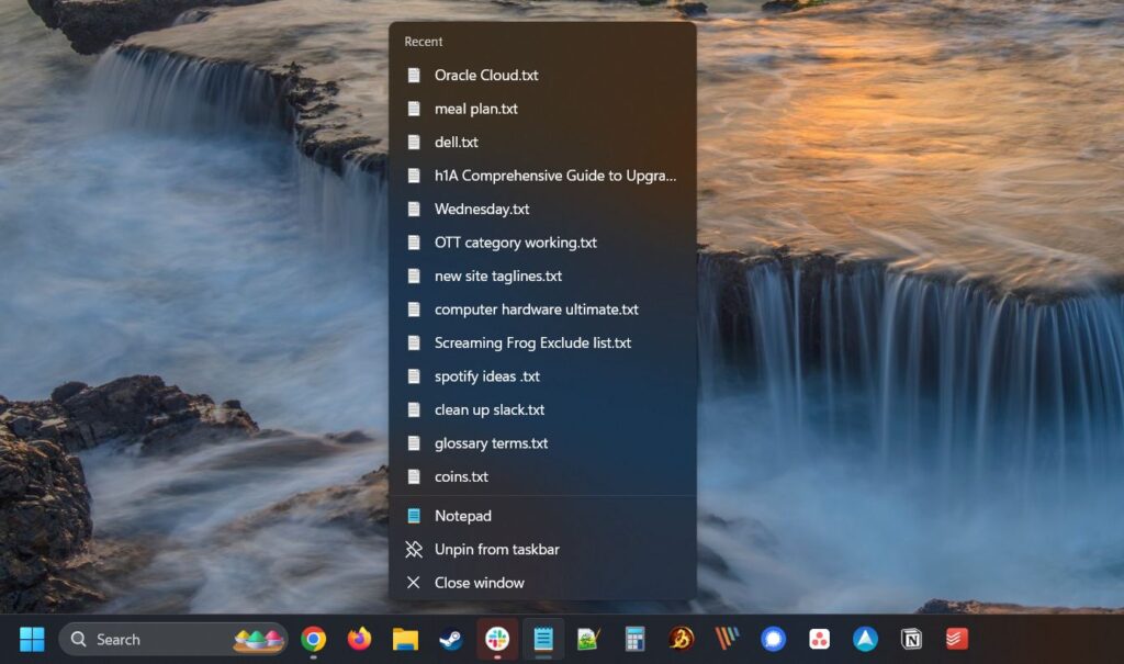 Notepad jump list in Windows 11