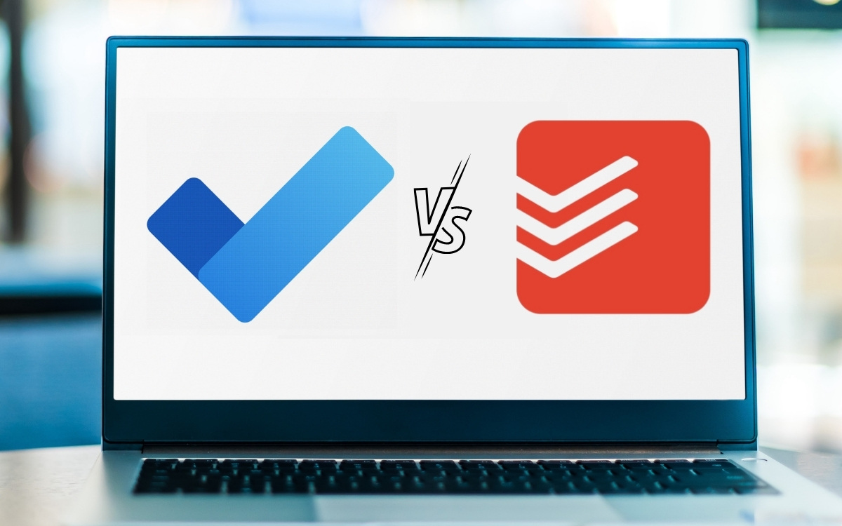 A laptop displays two app logos, a blue checkmark and a red list, connected by a lightning bolt; suggesting data transfer between applications