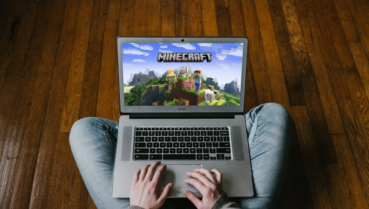 Minecraft on laptop screen.