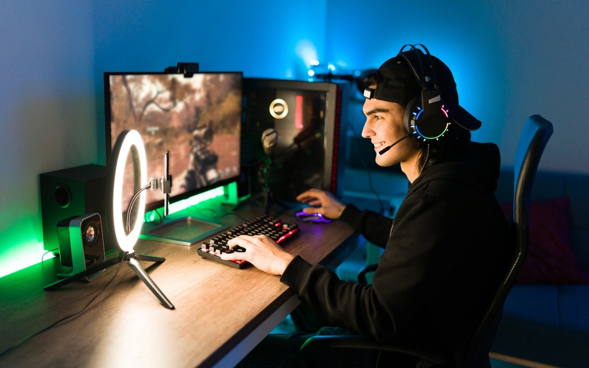 Gamer plays video game.