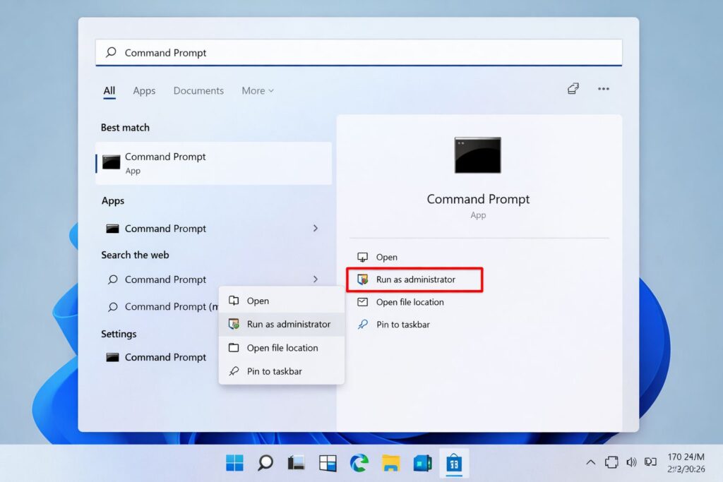 Open Command Prompt and Run as Administrator