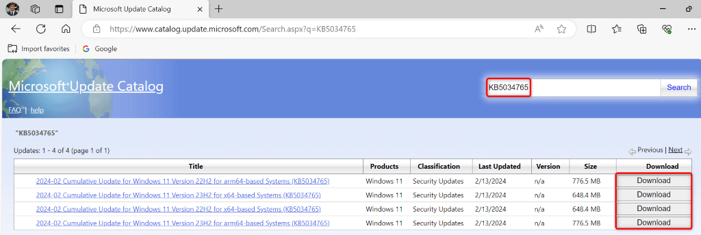 The search box and "Download" options highlighted on the Microsoft Update Catalog site.