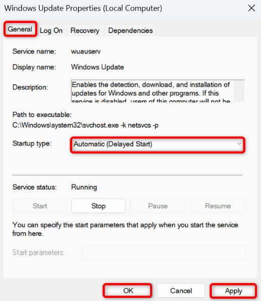 Configuring the startup option for "Windows Update" in Services.