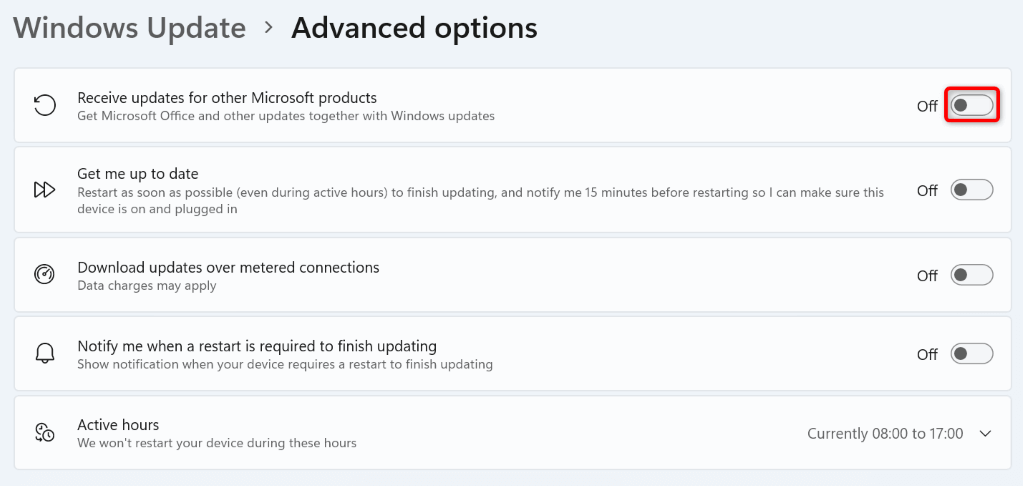 The option to disable other Microsoft product updates highlighted in Windows 11 Settings.