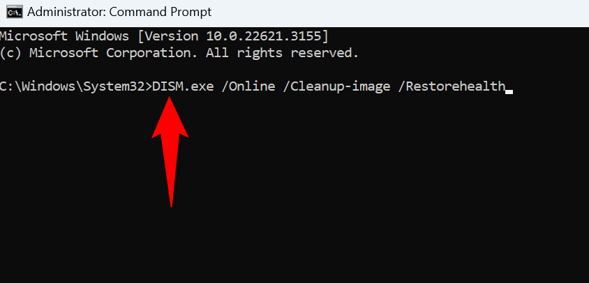 The DISM command typed in Command Prompt.