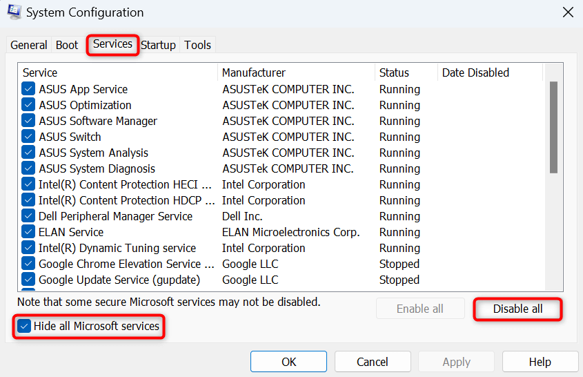 "Services," "Hide all Microsoft services," and "Disable all" highlighted in System Configuration.