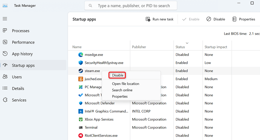 "Disable" highlighted for a startup app in Task Manager.