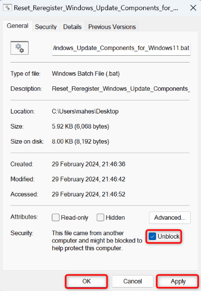 "Unblock," "Apply," and "OK" highlighted for the Windows Update reset script file.