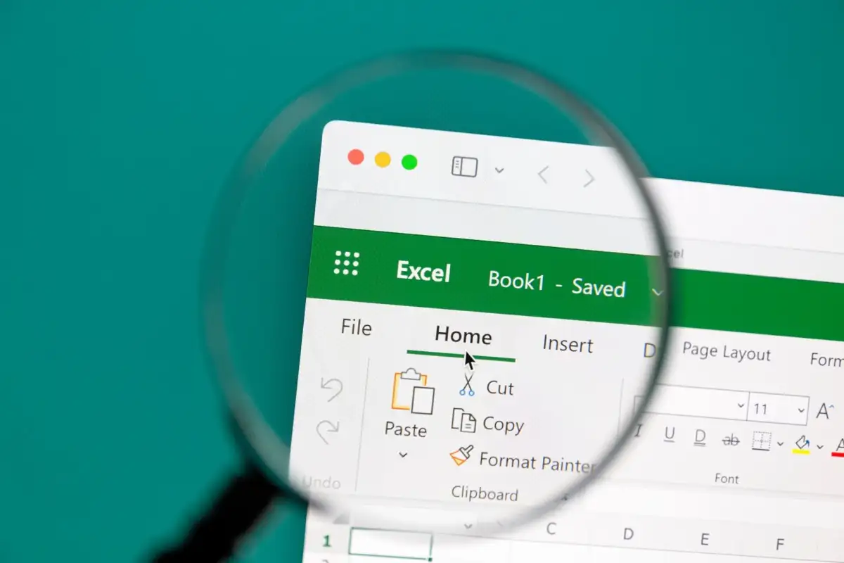 A magnifying glass is enlarging a webpage displaying a spreadsheet; the webpage’s color scheme is predominantly green; the spreadsheet contains rows and columns of data
